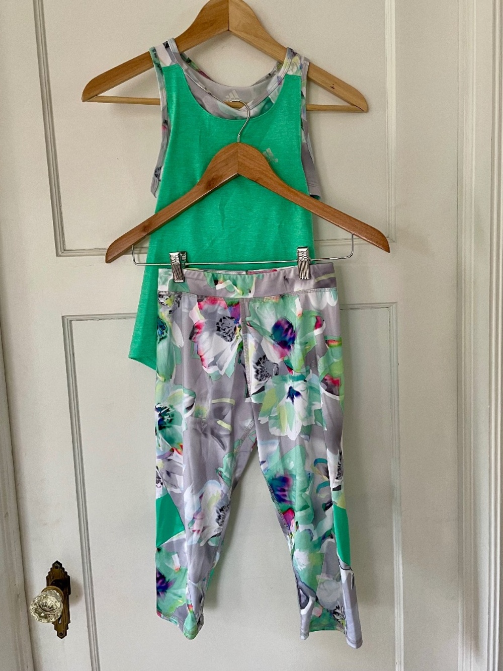 Adidas Girls Active Leggings Tank Top Set L 10-12 Green Floral Stretch Athletic